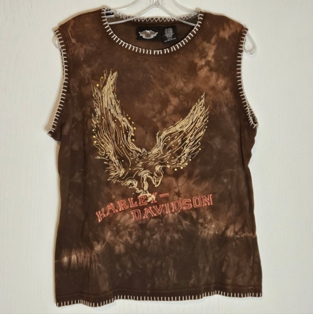 Womens Harley Davidson Rhinestone Eagle Tank Top Medium Brown Tye Dye